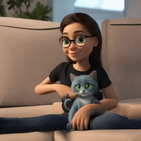 Pixar. Casal com um gato preto de olhos verdes. A menina tem pele branca e tem os cabelos pretos, ondulados no comprimento do queixo, Camiseta preta e jeans claro. O menino branco, careca, oculos preto, Dark blue jeans and gray t-shirt. They are both smili...