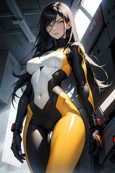 1 girl, black hair, yellow eyes, very long hair, pale skin, fit body, slender body, slim waist, large breasts, (confident expression), pilot suit, thigh gap, bare thighs, sleeveless