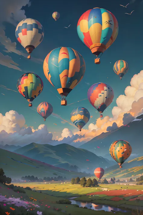 detail elements：colorful hot air balloons、fluttering clouds、mountains in the distant、soaring birds、flowers in the breeze、little ...