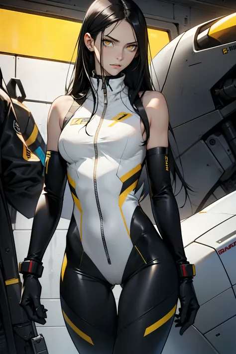 1 girl, black hair, yellow eyes, very long hair, pale skin, fit body, slender body, slim waist, large breasts, (confident expression), pilot suit, thigh gap, bare thighs, sleeveless