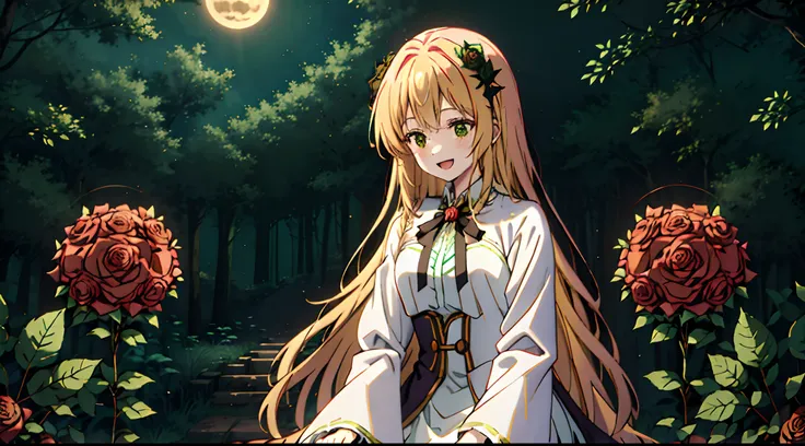 ��Witches, enchanting witches, Halloween atmosphere, Halloween witchesFairy tale Deep forest, green forest, in the forest, quiet moonlight, ,1girl, dress, long hair, solo, white dress, white flower, flower, looking at viewer, white rose, long sleeves, very...