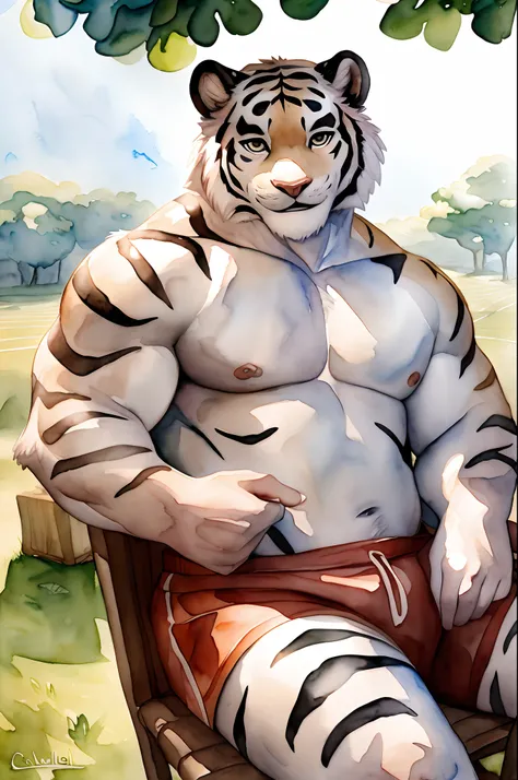 Hominidae, Pose for Camera. 4K, high resolution, Best quality, posted on e621, (Solo:1.2), Anthropomorphic white tiger, male people, 16 yaers old, Thick eyebrows, White fur, Strong body, large pecs, ((Shirtless)), Small raised, Pink milk clusters, Leaning ...