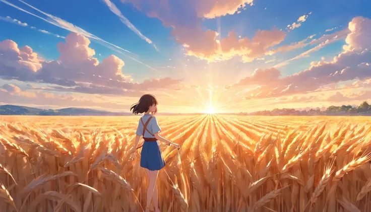 Masterpiece, best quality, (very detailed CG unified 8k wallpaper) (best quality), (best illustration), (best shade) naturally harvested wheat, super detailed, harvester, white clouds, blue sky, no humans --v6