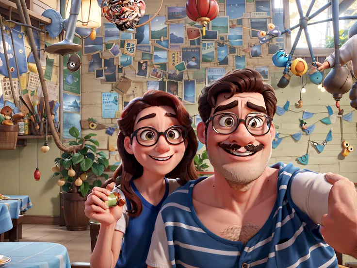 Pixar movie poster of a couple of young lovers taking a picture in Chinese restaurant. A menina tem cabelos claros e olhos castanhos, o menino tem bigode, Beard and glasses