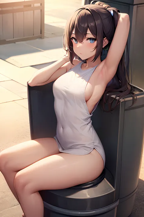 Female, Curvy, ((Sitting on small bin)), Sideboob, Armpit, (No pants), (No panties)