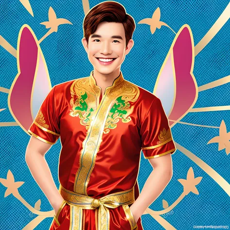 Cartoon of a man wearing Thai clothing with brown hair smiling.