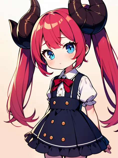 {{best quality}}, {{masterpiece}}, {{ultra-detailed}}, {illustration}, {detailed light}, red hair,blue eyes,twintails,lolita,Suspenders skirt,Fantastic,loli,solo,Dragon horns,little girl,long hair