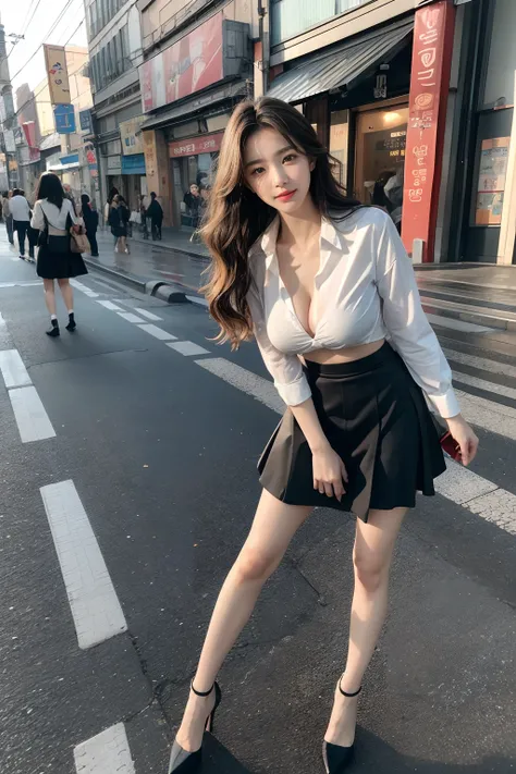 Full Body Shot, Standing pose, Masterpiece, Best Quality, OriginalPhoto, absurdes, UHD, 1Girl, Wavy hair, Long grey brunette, Perfect fingers and slender legs, perfcect big smile, yak,looking up at viewer, (((Seoul Street))), intriciate detail:1.3 , detail...