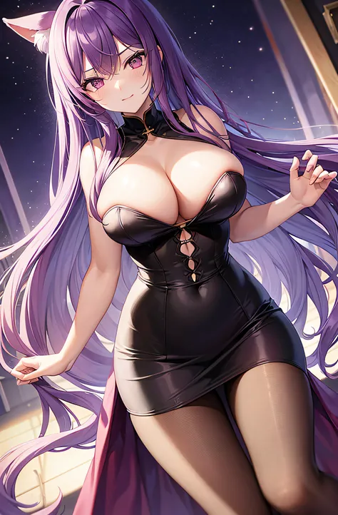 A woman with long purple hair，1个Giant Breast Girl，Bao，Black bra，brassier，nedium breasts，cleavage，耳Nipple Ring，high-heels，jewely，Large breasts，long whitr hair，looking at viewert，lacepantyhose，pencil skirts，Purple hair，The shirt，a skirt，独奏，underdressing，Very...