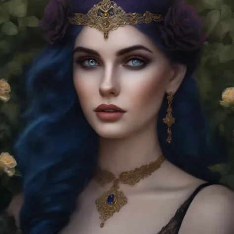 A goth girl with short  blue hair, mesmerizing eyes, and luscious lips, in a garden, surrounded by vibrant flowers and lush greenery. Her hair cascades down to her shoulders, framing her delicate face. She is wearing a flowing black dress, adorned with int...