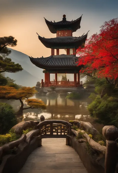 Chinese，chinse landscape，Gangnam rhyming with antiquity，Yamakawa，cypress，Pavilion