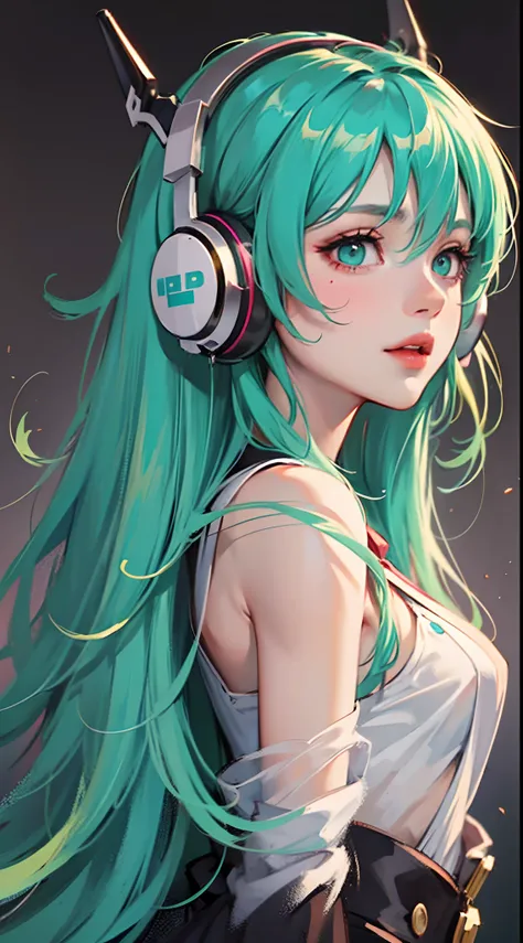 Anime girl with long green hair holding a guitar and headphones, standing on a stage，Half-body close-up，Delicate face，cushart kenz, Anime girl with teal hair, mikudayo, cushart krentz, cushart, Guviz, Official artwork, Kantai collection style, shirabii, an...