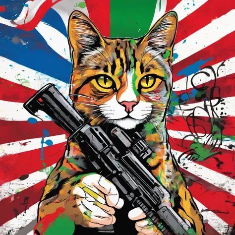 A cat solidar Holding a Ar 15 with Iran flag on background