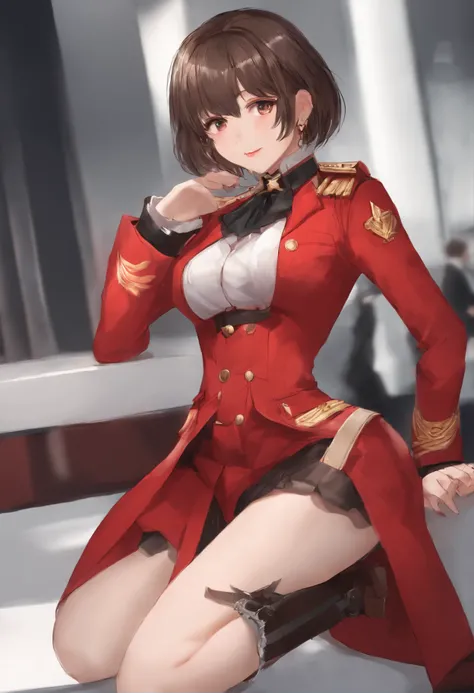 Chisato, 1girl, franja, Interior, short hair, sorrir, sozinho, Standing, pose sexy, Peito mediun, uniforme vermelho, garter straps, meia, hands behind, fita lateral vermelha, Lyrcoris Recuo Uniforme,