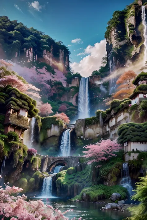 a close up of a waterfall, pink waterfalls, floating waterfalls, multiple waterfalls, an endless waterfall, very beautiful digital art, cascading waterfalls, beautiful digital artwork, flowers and waterfalls, beatiful backgrounds, beautiful digital art, im...