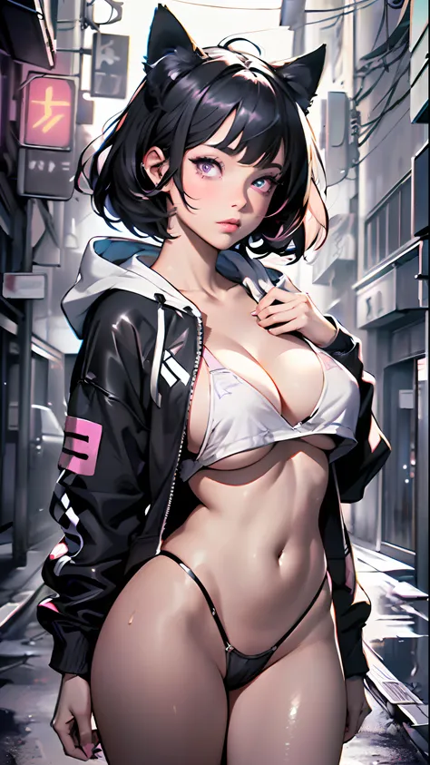 girl spacepunk,(((1girl))),((anime girl with extremely cute and beautiful black hair cat ears walking seductively down the street)),

(large breasts:1.4),saggy breasts,(((black wavy bob hair:1.35,bangs;1.35,messy hair,colored inner hair,ear breathing))),((...