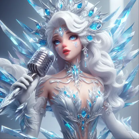 um close up de uma mulher em um vestido branco segurando um microfone, Rainha do gelo e da tempestade, rainha do gelo, Feiticeira do Gelo, 8k arte detalhada de alta qualidade, anime barbie em branco, A Rainha do Gelo, 3 d render arte do caractere 8 k, 8k a...