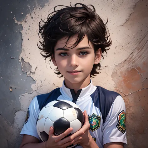 (best quality,Realistic:1.37),menino com um sorriso alegre,cabelo curto e encaracolado em um uniforme de futebol preto branco,Holding a ball under his arm on a soccer field,grama,clear sky,atmosfera alegre,cores vibrantes,foco nítido,sombras e realces,Retr...