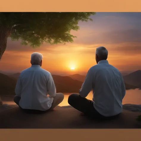 Mature men sit in a meditative position., Look at the beautiful horizon with the sunset, Human beings have a deep relationship with God., The landscape is extraordinarily detailed., Ultra realistic humans, All are very detailed and beautiful., Ultra qualit...