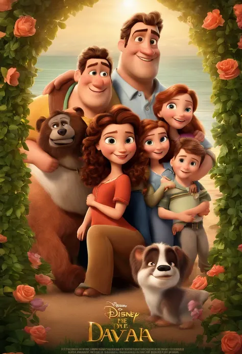 a Disney Pixar movie poster showing a white-skinned family. The father is the tallest, Tem barba curta, loiro, cabelos curtos e espinhosos. The mother has brown eyes and hair, shoulder-length and is slightly overweight. A menina tem 4 anos e cabelos castan...