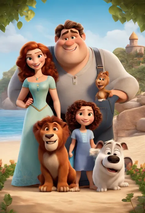 a Disney Pixar movie poster showing a white-skinned family. The father is the tallest, Tem barba curta, loiro, cabelos curtos e espinhosos. The mother has brown eyes and hair, shoulder-length and is slightly overweight. A menina tem 4 anos e cabelos castan...