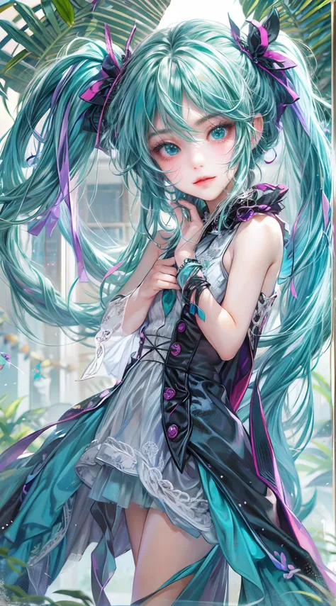 Absurdres masterpiece HDR high quality picture of Hatsune Miku, very young age girl 14 years old with detailed face, simple hair design , beautiful face, pose hands on waist pose and hands are hiding in her hair and clothes , very long hair, ((random hair ...