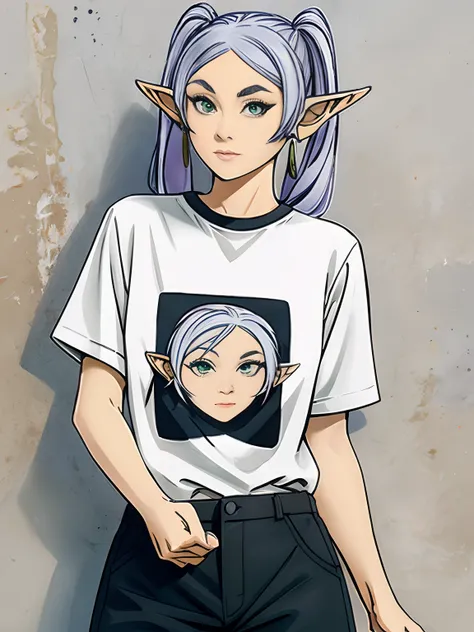 frieren, earrings, elf, long hair, pointy ears, solo, twintails, green eyes, earrings, white hair, looking at viewer, 1girl, solo, Black T shirt, black shirt, T-shirt, loose shirt, Black Slacks pants, standing, open pose, looking at viewer, facing at viewe...