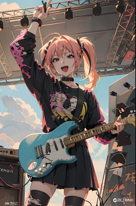 Anime - a style image of a woman holding a guitar and a microphone, rocking out, style of anime4 K, Best anime 4k konachan wallpaper, anime vibes, Guviz-style artwork, High quality anime art style, playing guitar onstage, Anime style illustration, Anime ar...