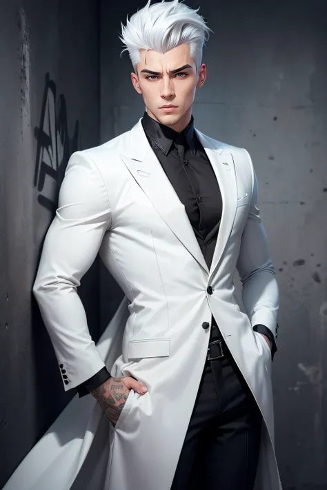 a handsome guy with a pompadour hair from anime, bandage, clean shave, white hair, wearing a black plain loose long coat, blindfolded, modern black outfit, very handsome, standing pose, detailed face, detailed masculine body, (reality: 1.4), (A hyper-reali...