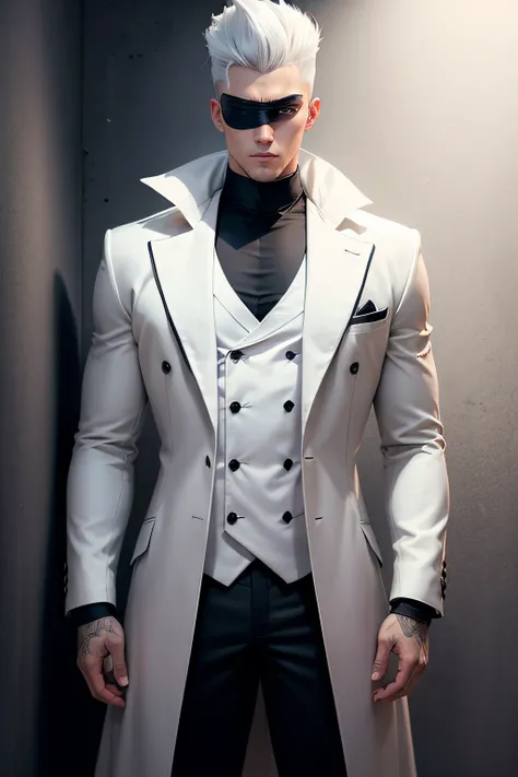 a handsome guy with a pompadour hair from anime, bandage, clean shave, white hair, wearing black a loose long coat, blindfolded, modern black outfit, very handsome, standing pose, detailed face, detailed masculine body, (reality: 1.4), (A hyper-realistic),...