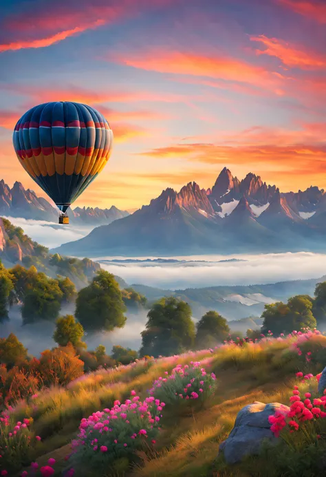 "A hot air balloon slowly ascends from between the peaks of mountains, revealing their contours under the soft glow of the pre-sunrise light. The top of the hot air balloon is adorned with various flowers and brightly colored balloons, surrounded by a hint...