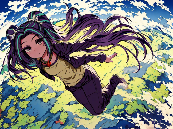 (1girl, jump, from above, skydive:1.4), twintails, mlparia, hair ornament, black pants, jewelry, necklace, looking at viewer, bl...