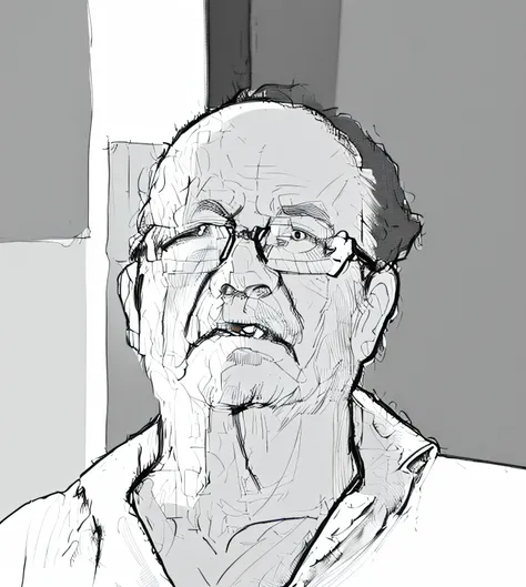 Older man with glasses, sem barba e uma camisa branca, desenho estilo xilogravura, alta resolução, 4K, Ultra HD