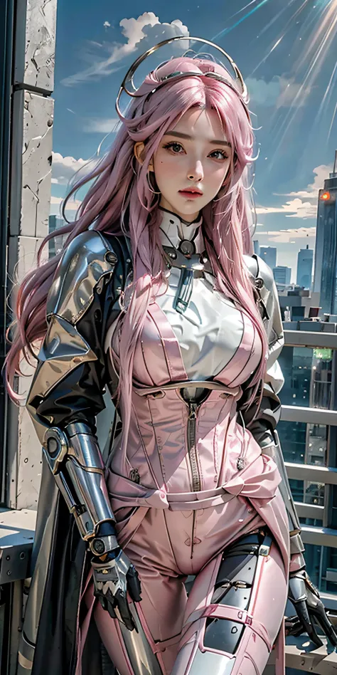 photorealistic portrait, high-res, Soft light,1woman, bara, Hip up, (detailed face), pink hair, long-haired, Mecha Musume, mechanical parts, robot joints, single mechanical arm, headgear, mechanical halo, star halo, electric mechanical bodysuit, mecha cors...