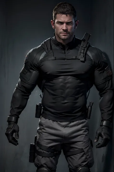 1 man, solo, 35 year old, chris redfield, wearing a grey t-shirt, smirks, looking at the camera, black color on the shoulder and...