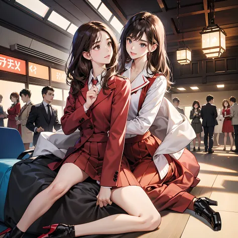 {{a matural female、bule}}、looking at the viewers、Hazel eyes、ighly detailed、medium chest、brown haired、airport、Cabin Crew、校服、Red Blazer、neck tie、a red skirt、midium skirt、high-heels、happiness、top-quality、hightquality、extremely detailed anime screencap、{{{{con...