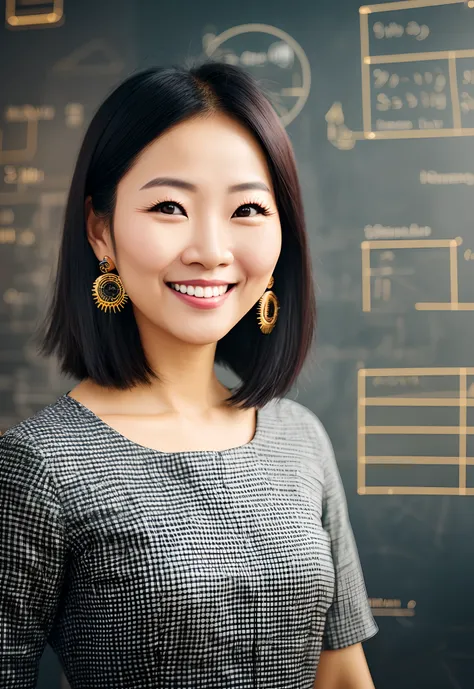 1 Mom　Asian
education　scienc　A dark-haired　short-cut　Engineers　Curiosity to know　Fun　Smile　futuristic background　jolly　Cinematic　Brown eyes　large earring　jolly　35 year old　Round facial contours　Squinted eyes　Math　kosmos　Dress like an engineer　Futuristic ja...