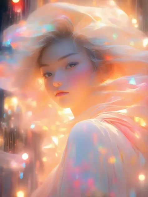 Picture full of stories,Single exposure, Close-up, A white picture shows an Asian girl covering herself in plastic, Soft focus romantic style, Fashion Bazaar Stvle works：Haruna Kikuchi,Clean.Translucent abstract creation, UHD image, Close up,Van McKinlivai...