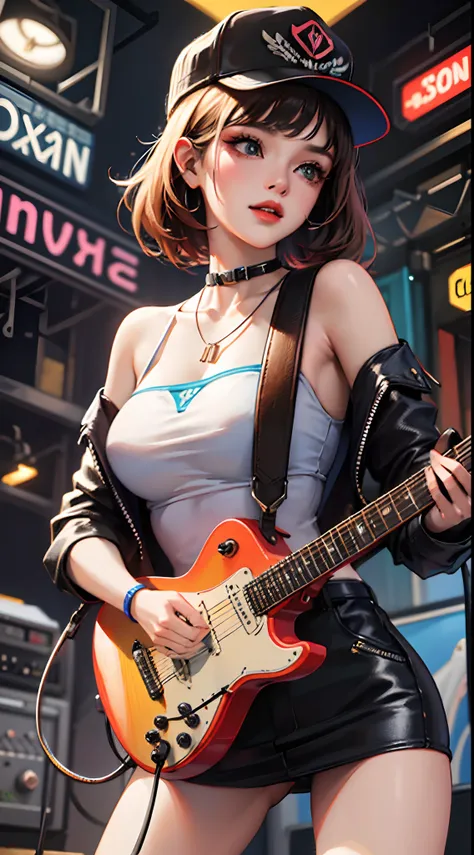 Woman with a guitar and hat on stage, trending on cgstation, trending at cgstation, Guviz-style artwork, guitar solo, guitarists, plays the guitar, Extremely detailed Artgerm, Girl playing guitar, Cyberpunk 2 0 y. o model girl, perfect android girl,