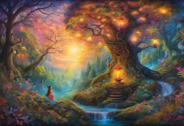 a drawing，A woman sits in the forest with a lantern, There are a lot of elves next to it，Dream-like feeling，enchanted magical fantasy forest, an enchanted forest, psychedelic forest, intricate fantasy painting, fantasy artrealistic painting, Fantasy painti...