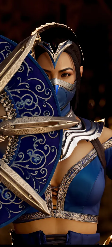 mulher arafed em traje azul segurando duas espadas grandes, Kitana, Mortal Kombat, photogenic details on armor, detalhes intrincados da armadura, Mortal Kombat 11, armadura azul e prata gelo, mortos ou vivos 6, empunhando kunai, inspirado em Fan Kuan, 4K f...