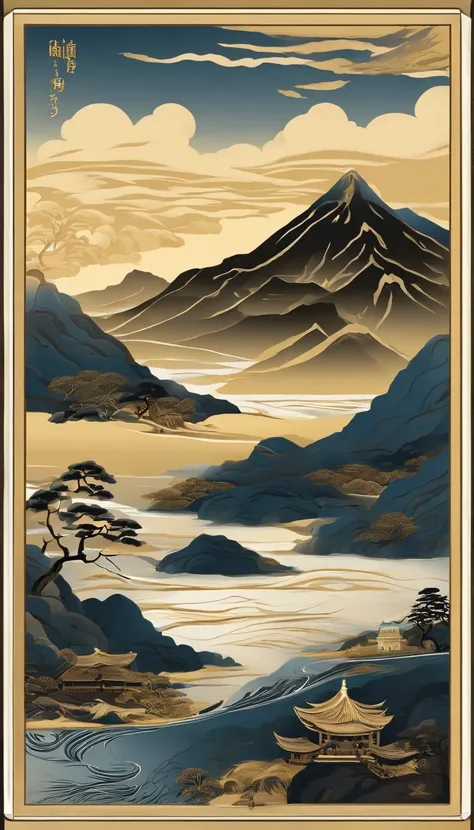 Mountain and Sea Skylark Scroll，There are mountains and waters in the picture，rios、grassy fields、Sun，Shirasawa、Many ancient mythical beasts such as the zodiac are haunted，Epic composition，shadowing，National style，Light yellow tone，Gold elements，Wine illust...