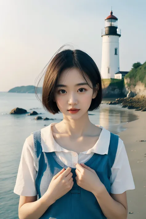 Coastal beauty, 1 girl, (Short hair), School uniform, (Big eyes, Thin face, White skin, carefree expression), Beach background, lighthouse, Soft sea breeze, playful pose, dynamic compositions, Blurred background, Rich colors, Fine details, 50mm Lens, relax...