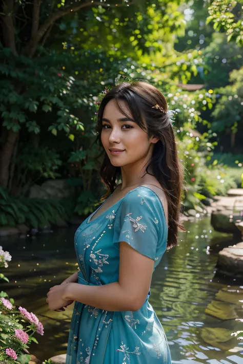 gorgeous 30 year chubby old woman wearing a beautiful long and full blue colored dress playfully dancing amidst bubbles in a beautiful garden full of flowers by a river, captured from a slightly elevated side angle with a dreamy bokeh effect(best quality,h...