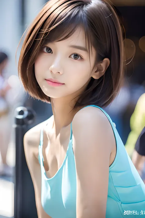 (Best quality, 8K, masutepiece, Ultra HD: 1.3), 1girl in, smallunderboob, Light brown hair, Blunt bangs, hair behind ear, hair over shoulders, Short hair,  Slender body type, ultradetail face, Delicate lips, Beautiful eyes, Double eyelids, lipsticks,Invite...