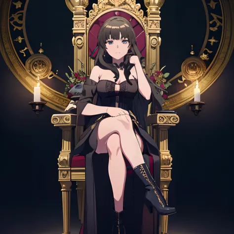 beautiful young witch wearing a revealing black dress, black witch hat, looking at the camera, sensual and super realistic face, sitting on an ornate throne, crossed legs, with boots, bare legs, beautiful, super realistic image, details in the face and ski...