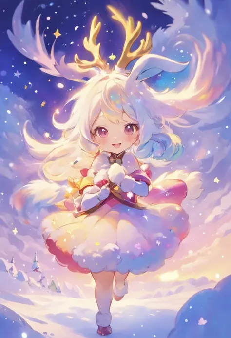 edgBunny,soft and muted colors,Whimsical fantasy creatures,realistic fur texture,Glittering rainbow-colored fur,Golden antlers,Sparkling eyes,mischievous grin,Charming background with twinkling stars,Ethereal lighting,Creature tags of the night,Illustratio...