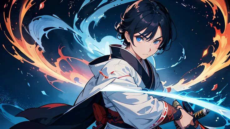 a young male samurai. he is a righteous samurai who fight evil. he wear white kimono. he hold a sword with flames coming out from his sword. The background is a swirling blue flame in Katsushika Hokusai style. Has a demonic red aura on his body. Masterpiec...