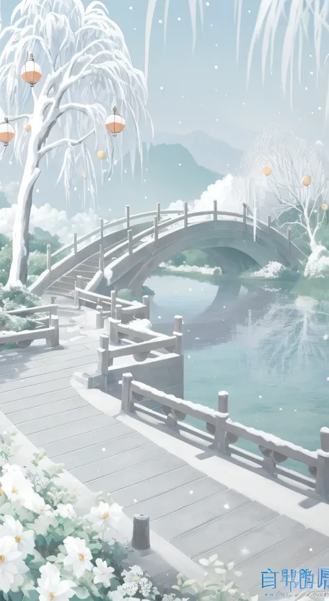 There is a painting，The painting is a bridge over the river，Remove the trees on the left There are ancient buildings in the distance，There is a snowman in the lower right corner，There are children running on the lower right side of the road，anime beautiful...