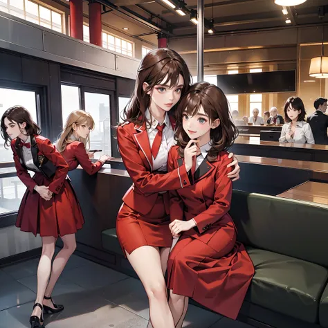 {{5 mature females、bule}}、looking at the viewers、Hazel eyes、ighly detailed、medium chest、brown haired、airport、Cabin Crew、校服、Red Blazer、neck tie、a red skirt、midium skirt、high-heels、happiness、top-quality、hightquality、extremely detailed anime screencap、(multip...